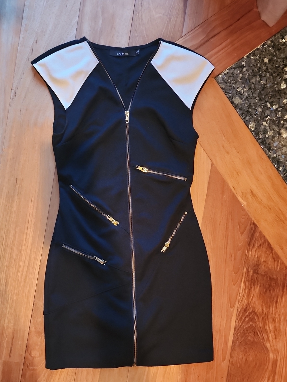 Ark & Co Black Dress with White Shoulder Panels and Gold Zippers